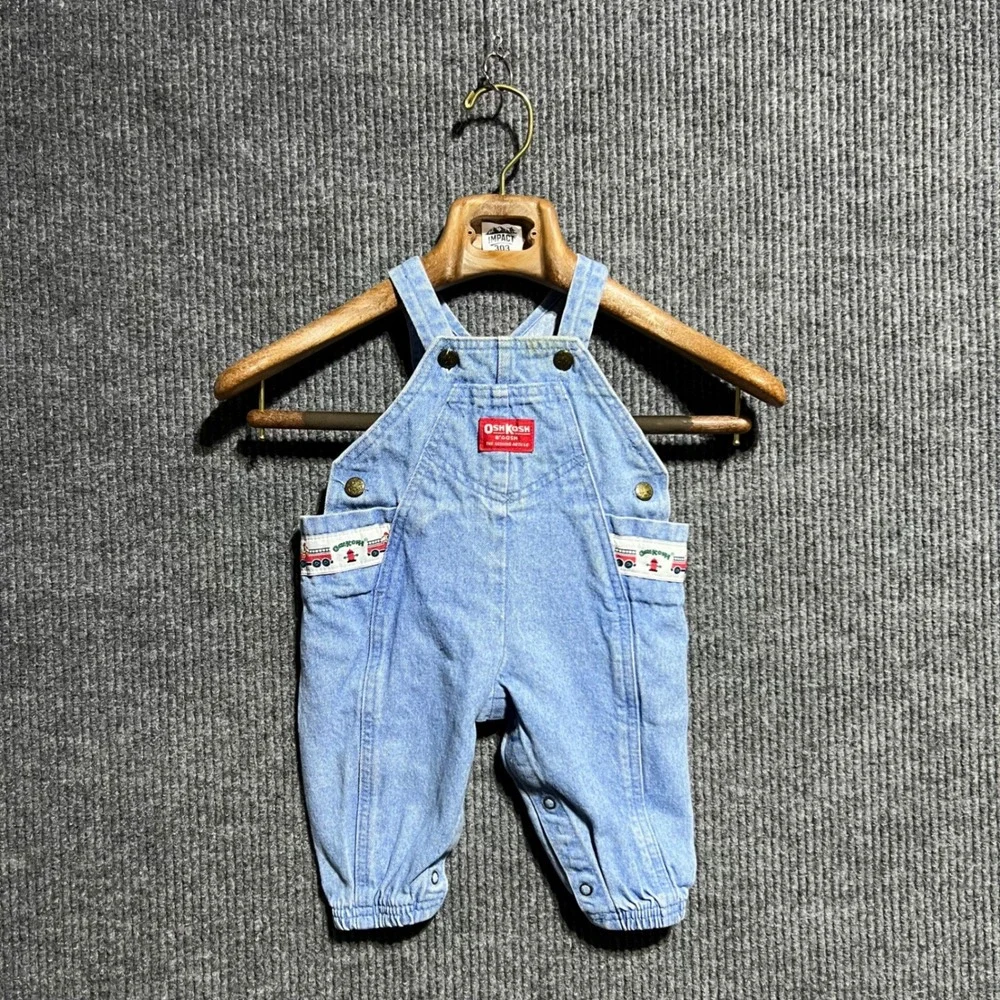 Vintage OshKosh B Gosh Overalls Kids 12-18M Blue Fire Truck Denim Bib USA Made